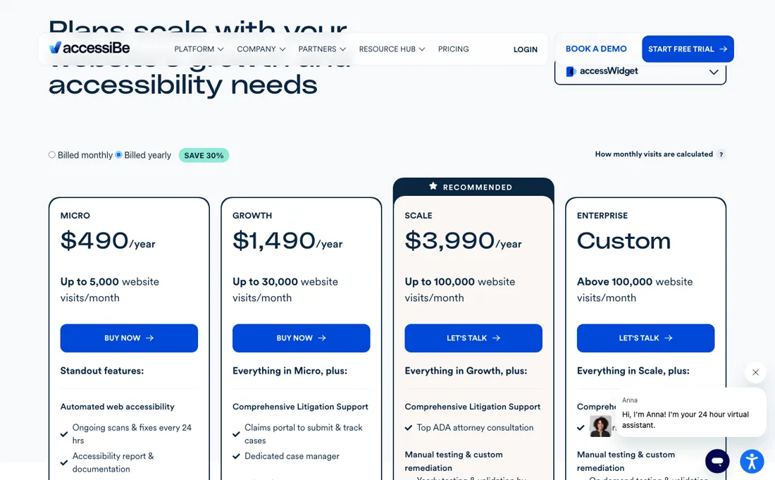 accessiBe pricing page