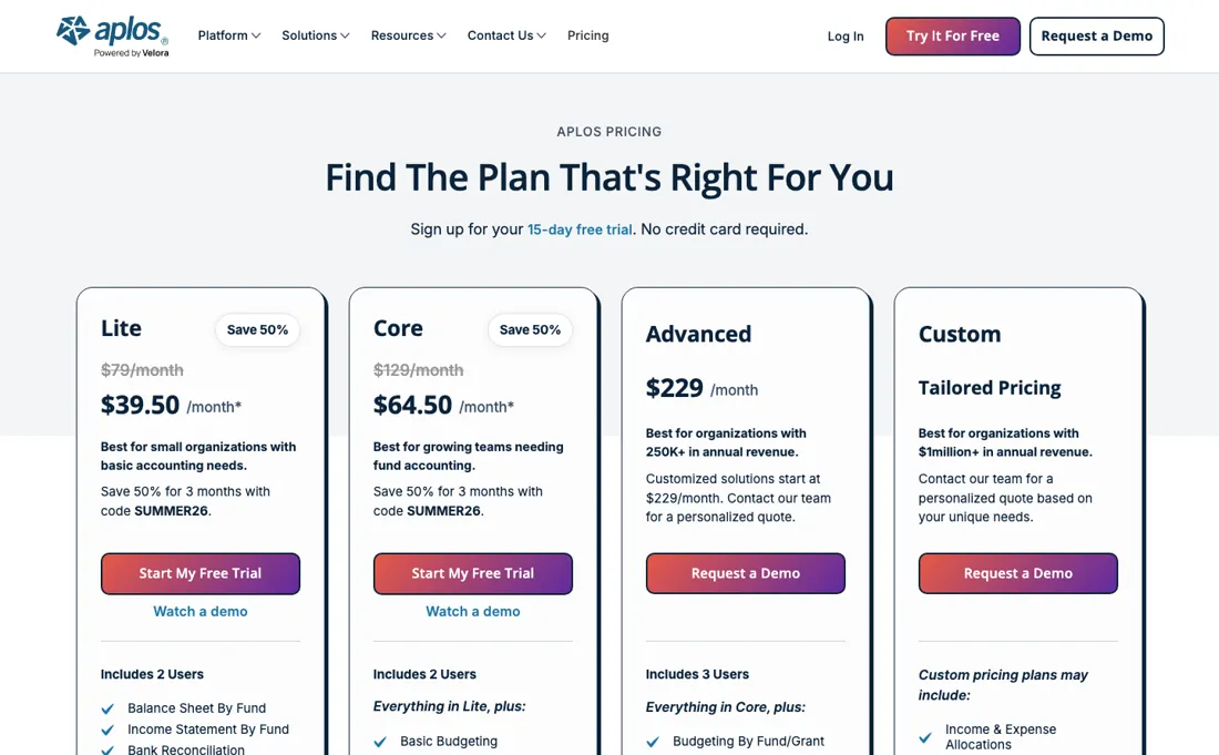 Aplos pricing page