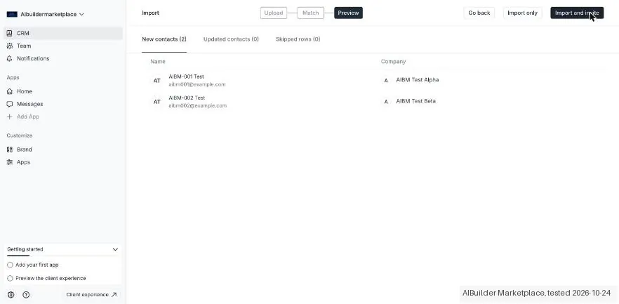 Screenshot from our Assembly test: The contact import previews new, updated and skipped rows and lets you import without inviting anyone.