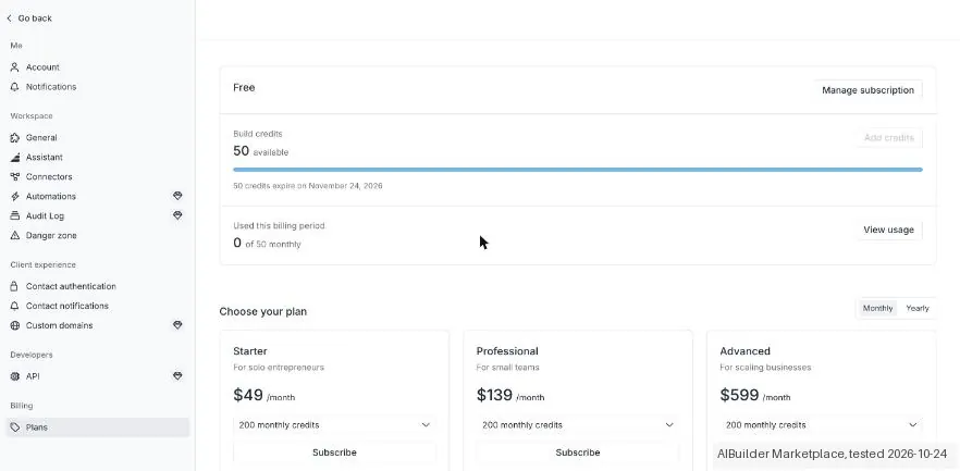Screenshot from our Assembly test: The Free plan in the app showed 50 build credits a month, expiring after a month.