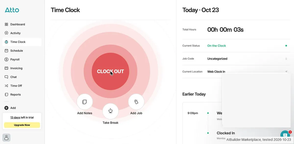 Screenshot from our Atto test: Clocking in from the browser, no app: status 'On the Clock', location 'Web Clock In'.