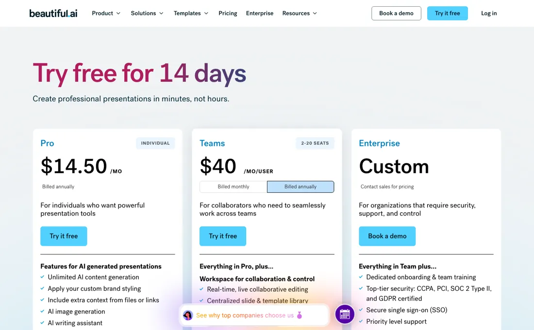 Beautiful.ai pricing page