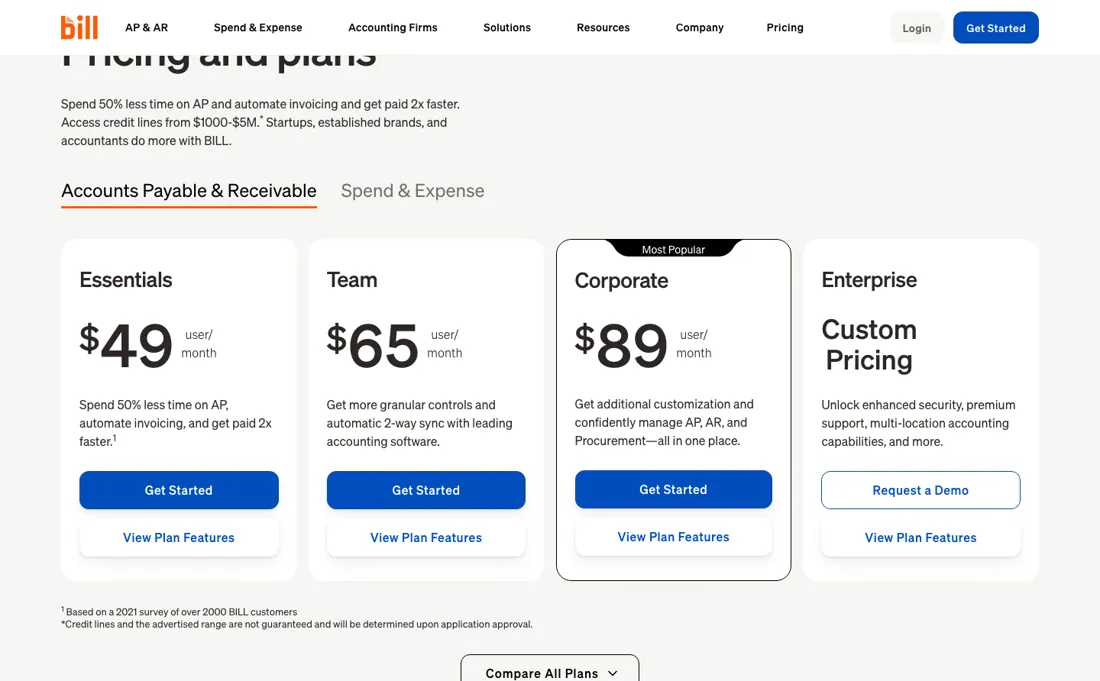 Bill.com pricing page