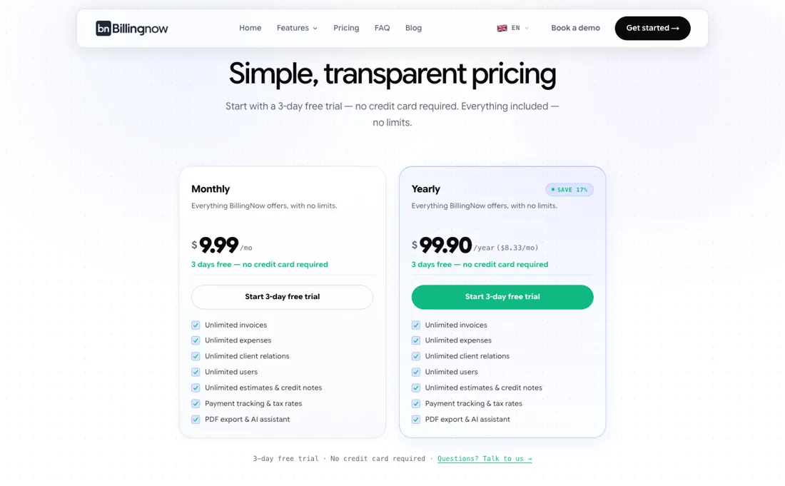 BillingNow pricing page