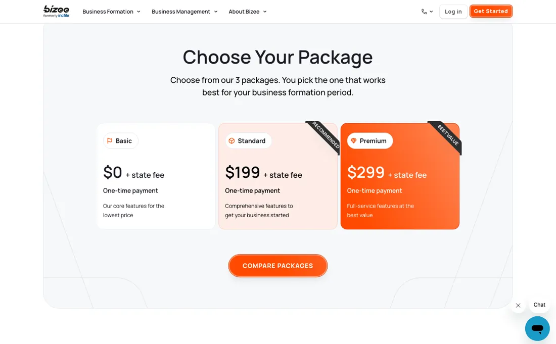 Bizee pricing page