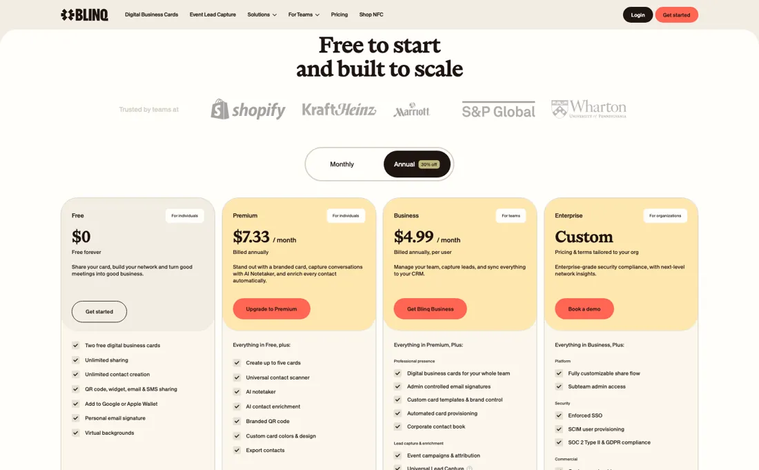 Blinq pricing page
