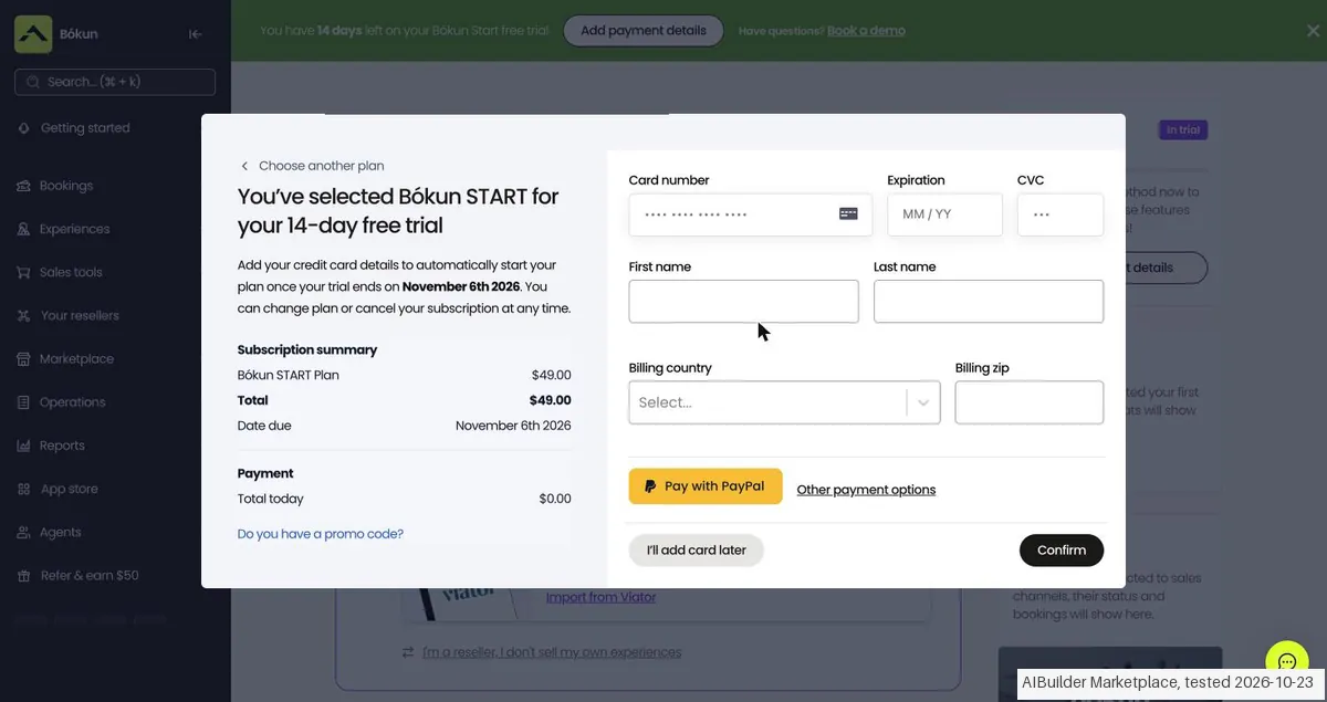 Screenshot from our Bokun test: After choosing a plan, Bókun asks for a card to start billing on 6 November 2026; 'I'll add card later' skips it and the trial continues.