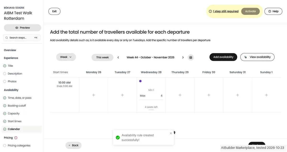 Screenshot from our Bokun test: Our synthetic walk on Wednesday 28 October at 10:00 with a maximum of 4: the calendar shows 4 seats left.