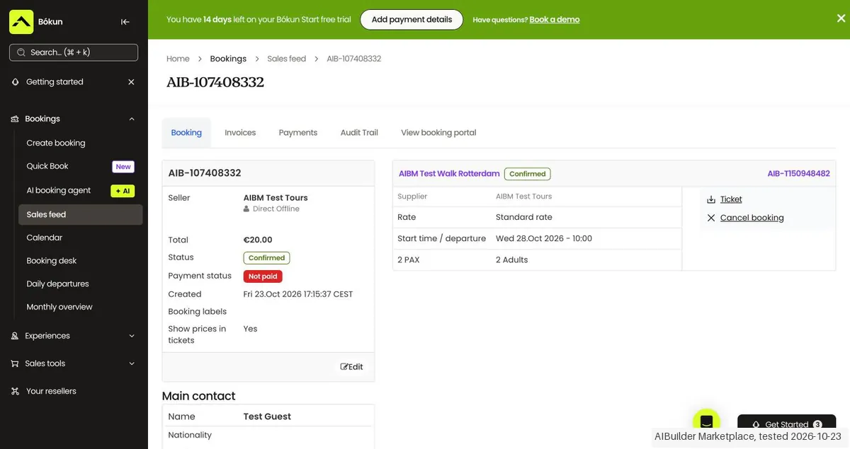 Screenshot from our Bokun test: A back-office booking for 2 adults with 'Pay later': confirmed, not paid, EUR 20.