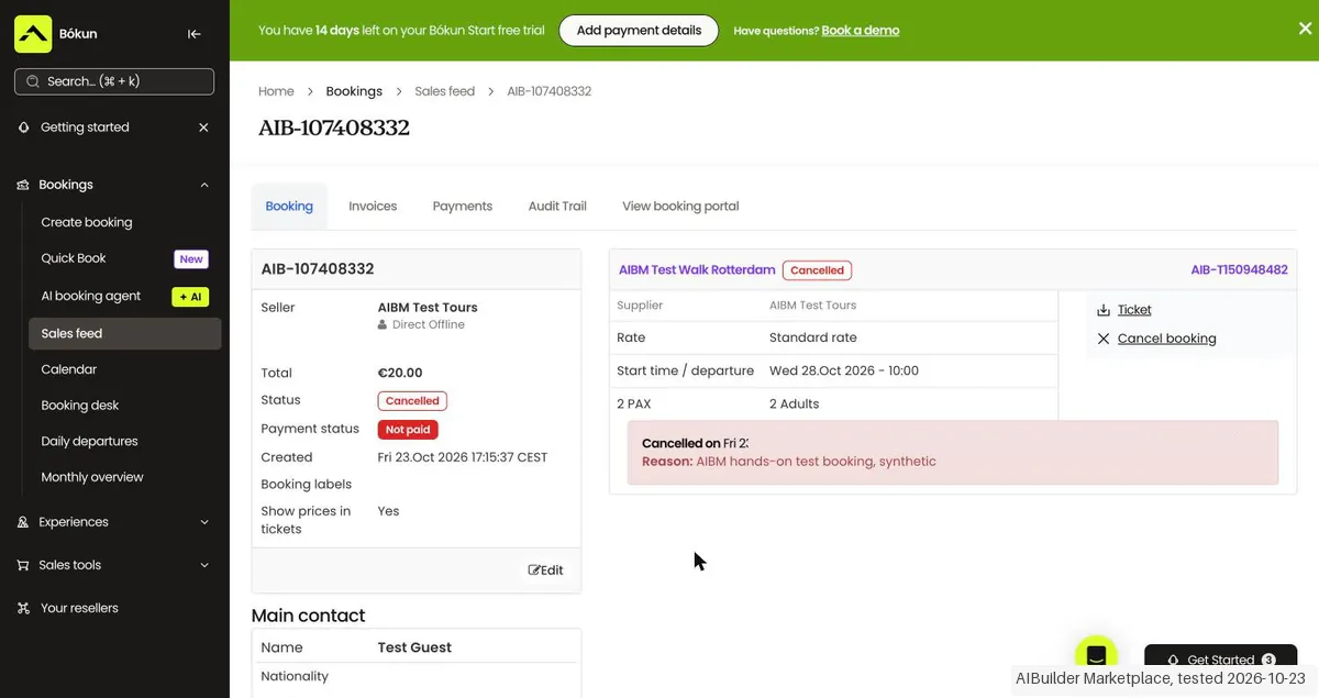 Screenshot from our Bokun test: Cancelled without a cancellation email; afterwards the departure showed 4 seats left again.