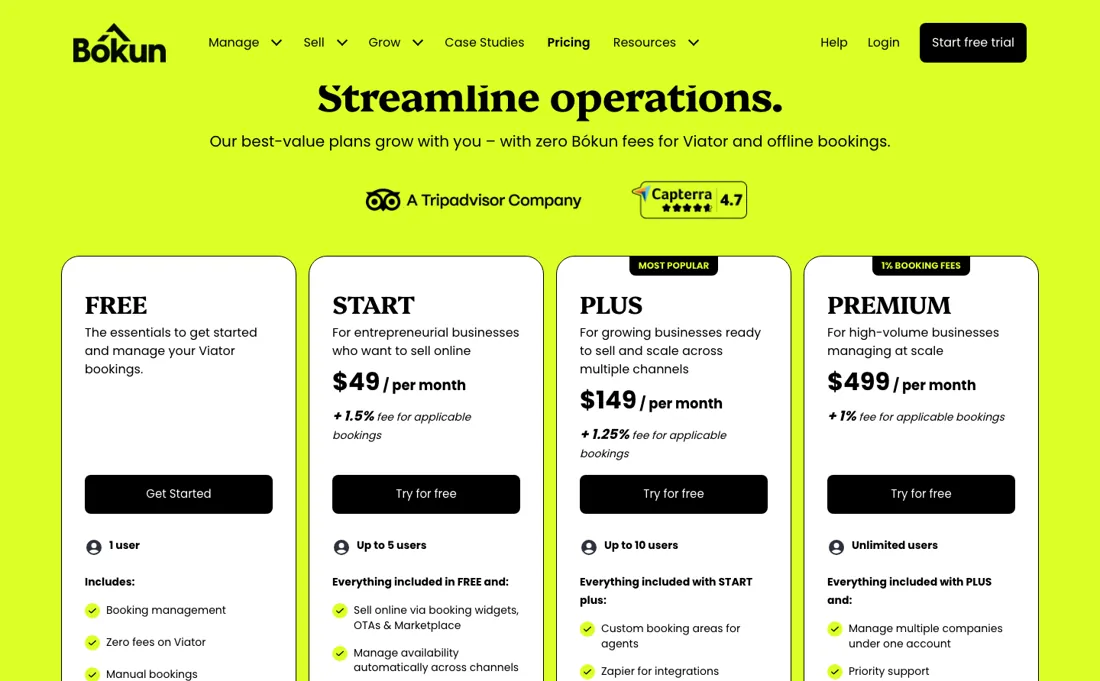 Bokun pricing page