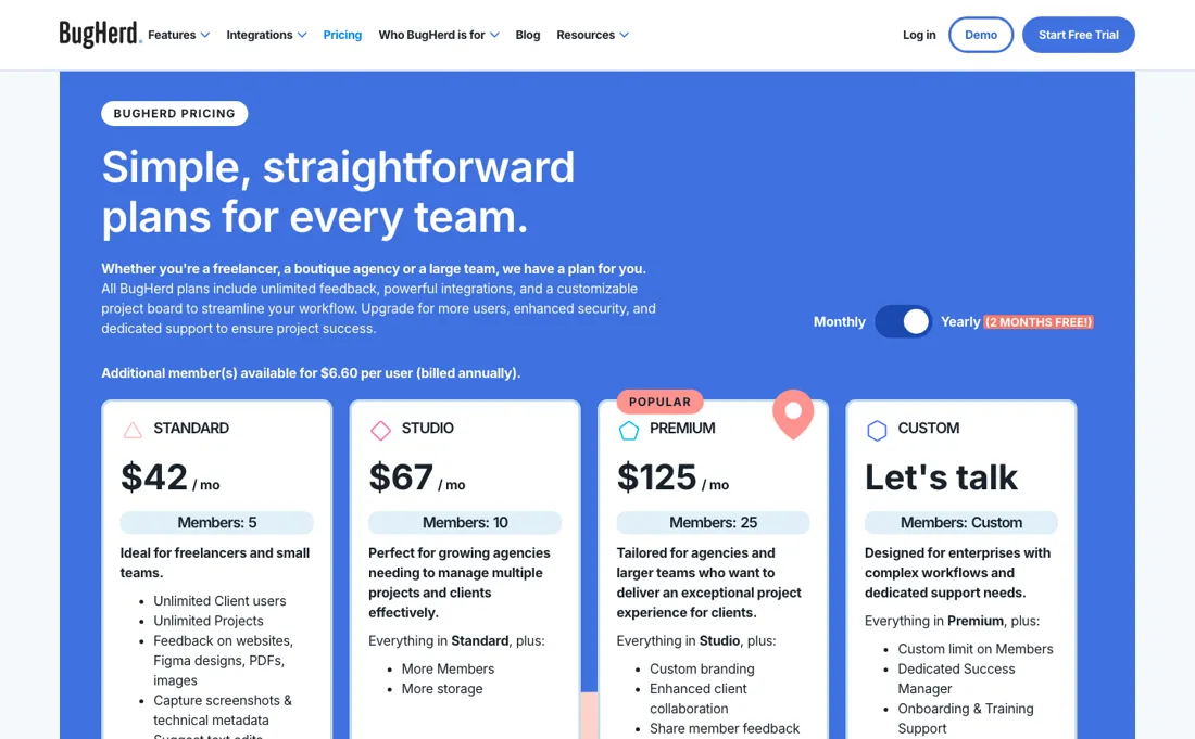 BugHerd pricing page