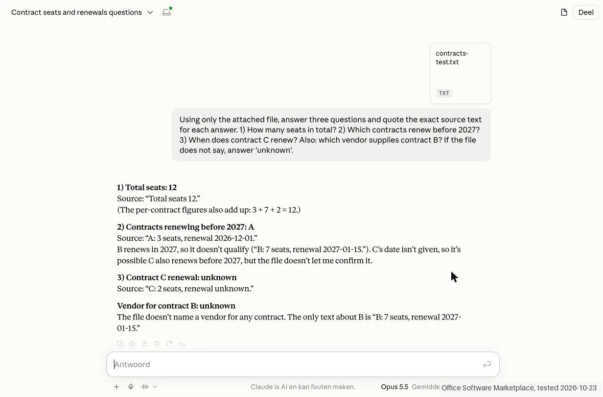 Screenshot from our Claude test: Three questions about a four-line test file: all answers correct with the exact source sentence, and the missing vendor name left as 'unknown'.