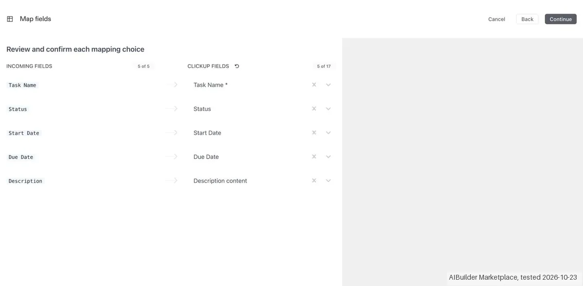 Screenshot from our ClickUp test: The spreadsheet importer matched all five columns of our test CSV to ClickUp fields automatically.