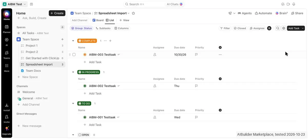 Screenshot from our ClickUp test: The three imported test tasks landed in a new list, each under the status it had in the CSV.