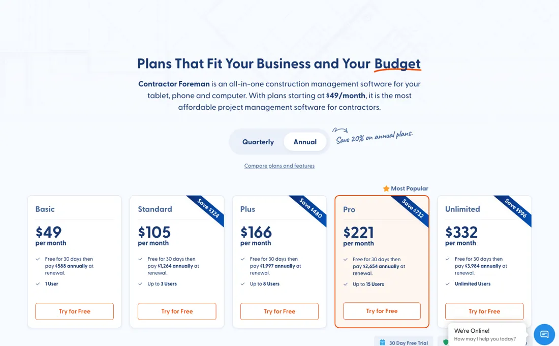 Contractor Foreman pricing page