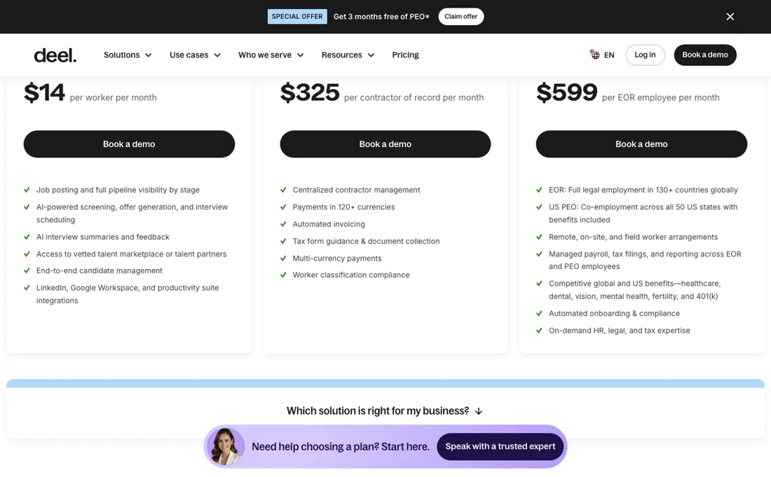 Deel pricing page