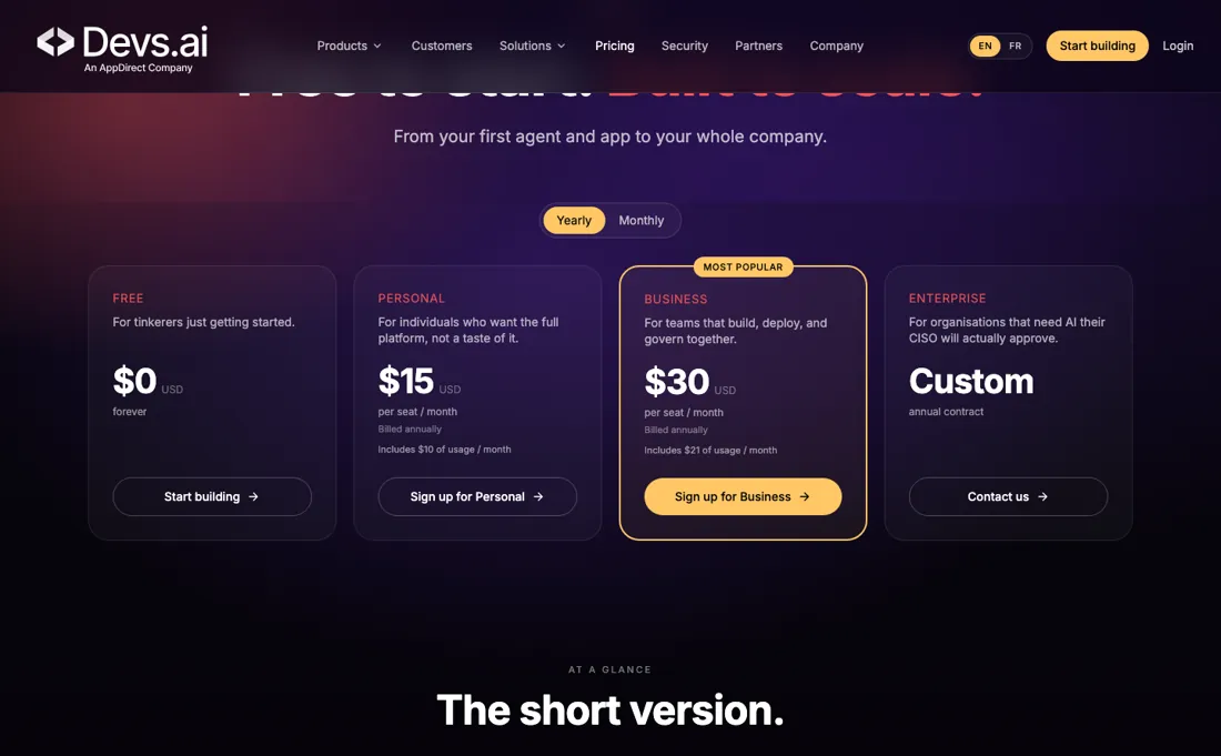 Devs.ai pricing page