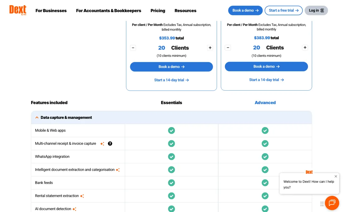 Dext pricing page