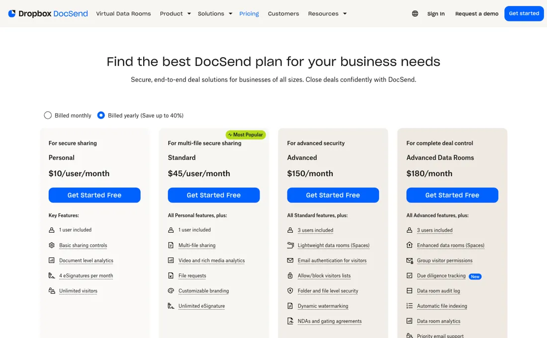 DocSend pricing page