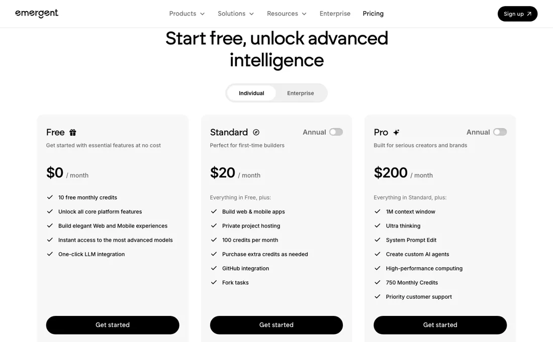 Emergent pricing page