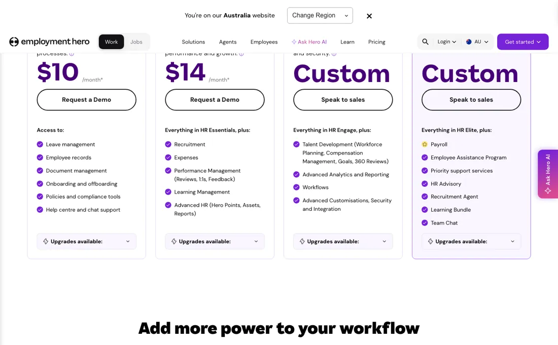 Employment Hero pricing page