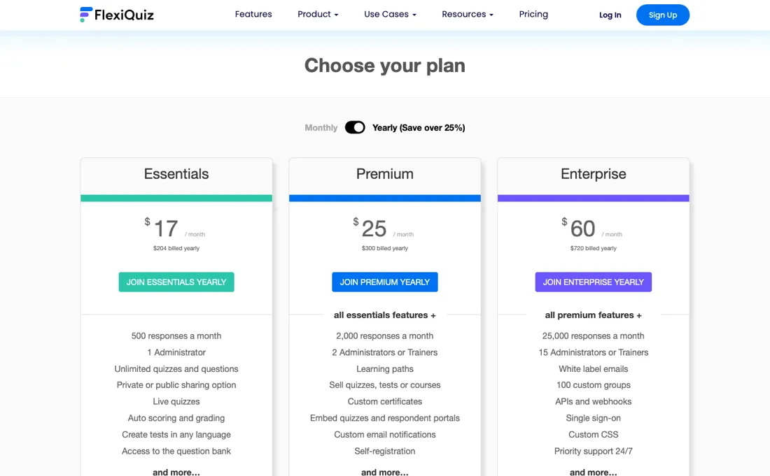 FlexiQuiz pricing page