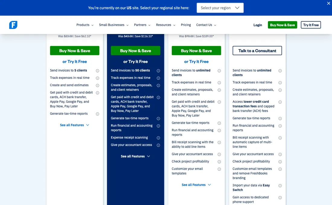 FreshBooks pricing page