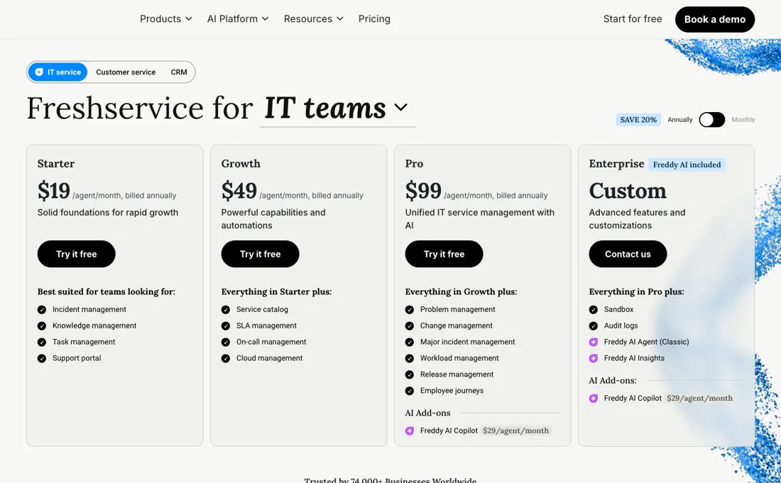Freshservice pricing page