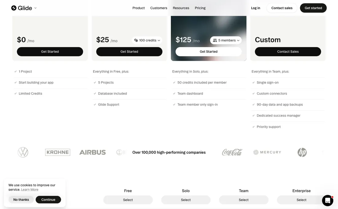 Glide pricing page
