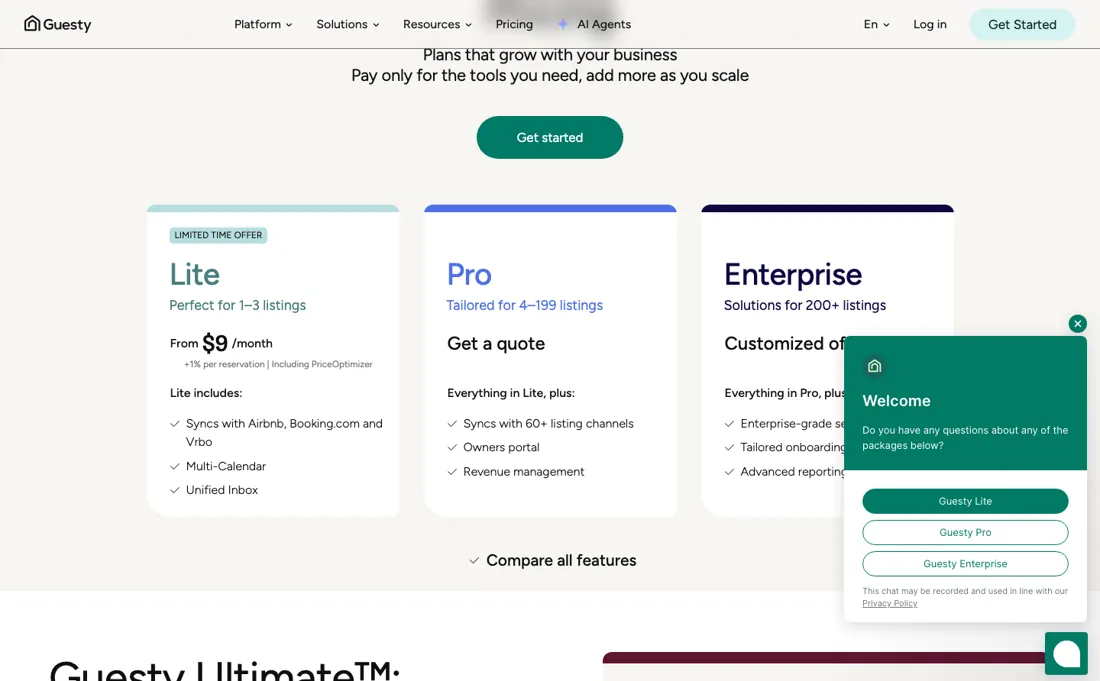 Guesty pricing page