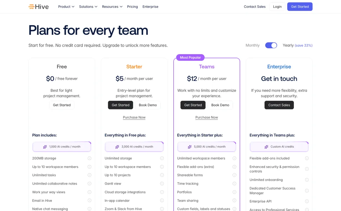 Hive pricing page