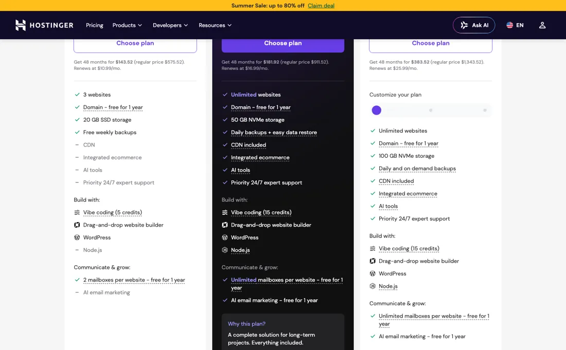 Hostinger pricing page