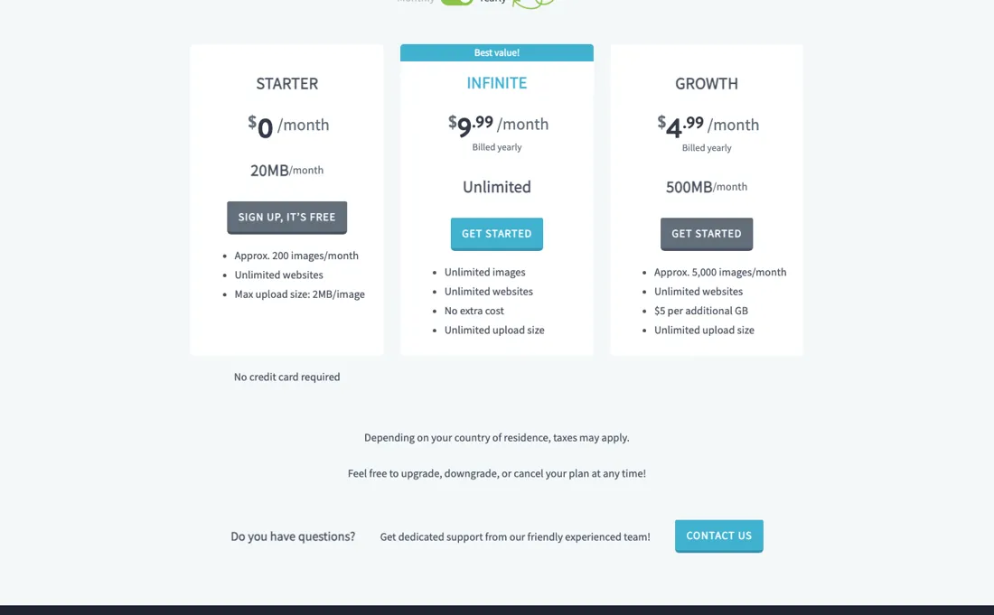 Imagify pricing page