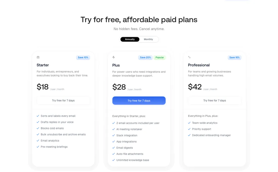Inbox Zero pricing page