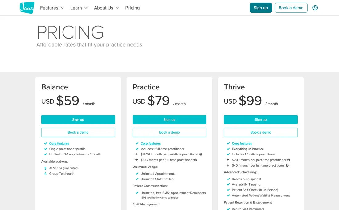Jane pricing page