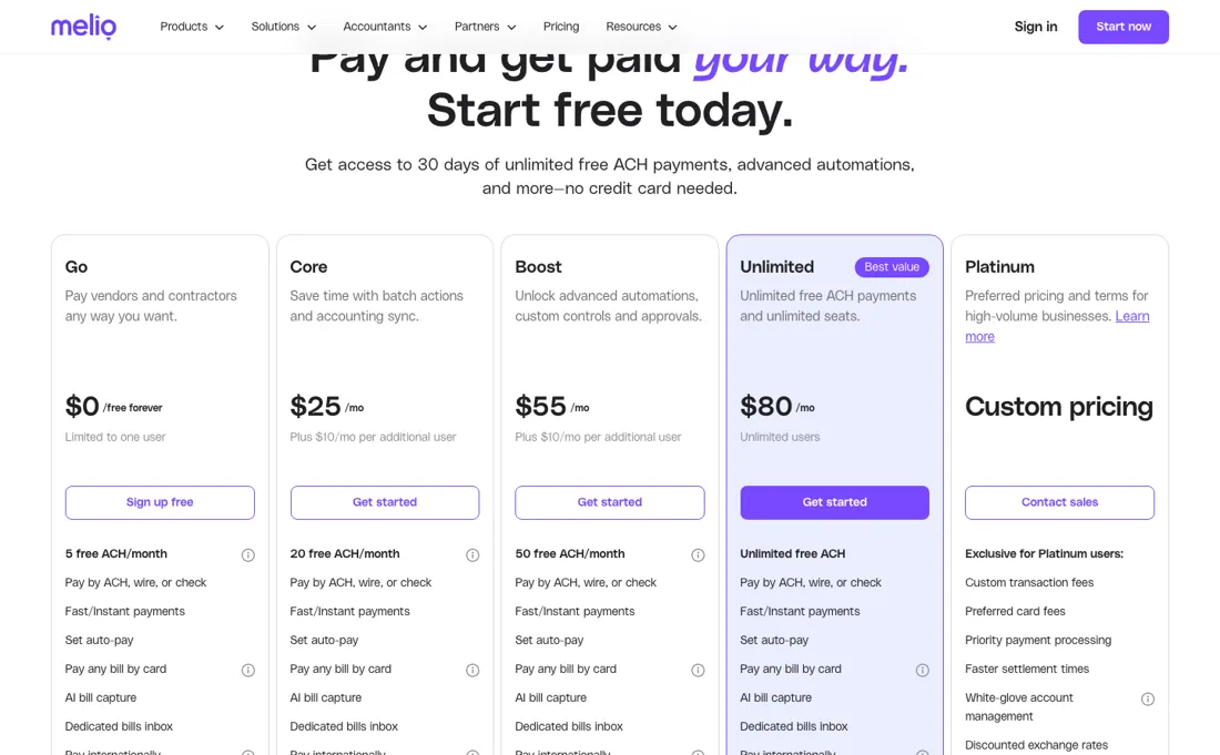 Melio pricing page