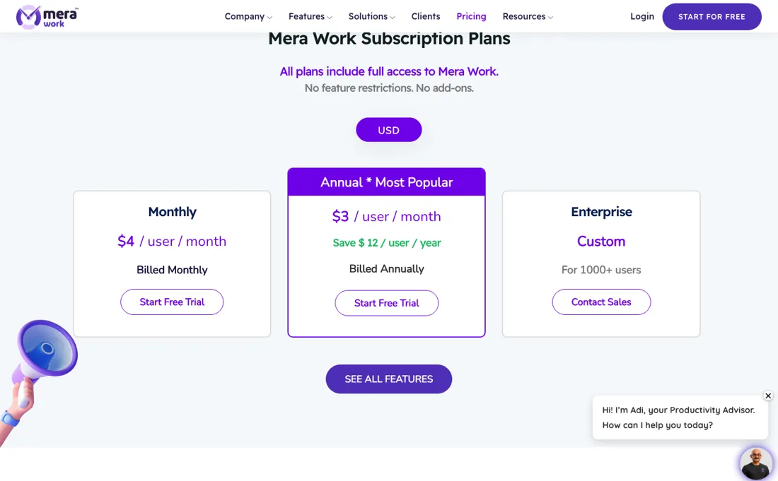 Mera Work pricing page