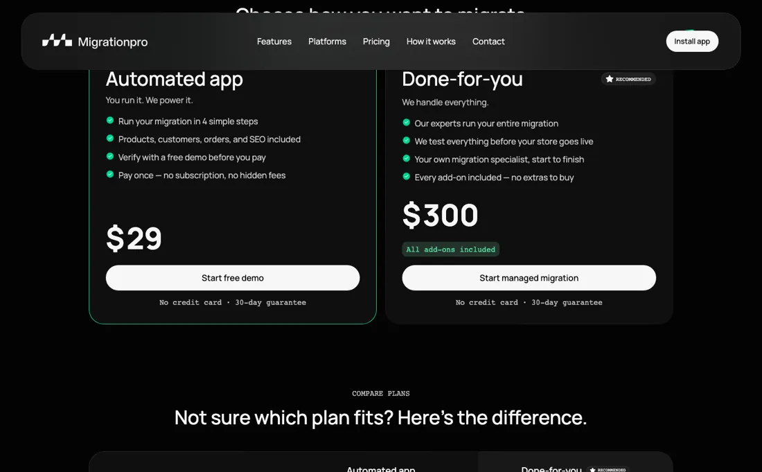 MigrationPro pricing page