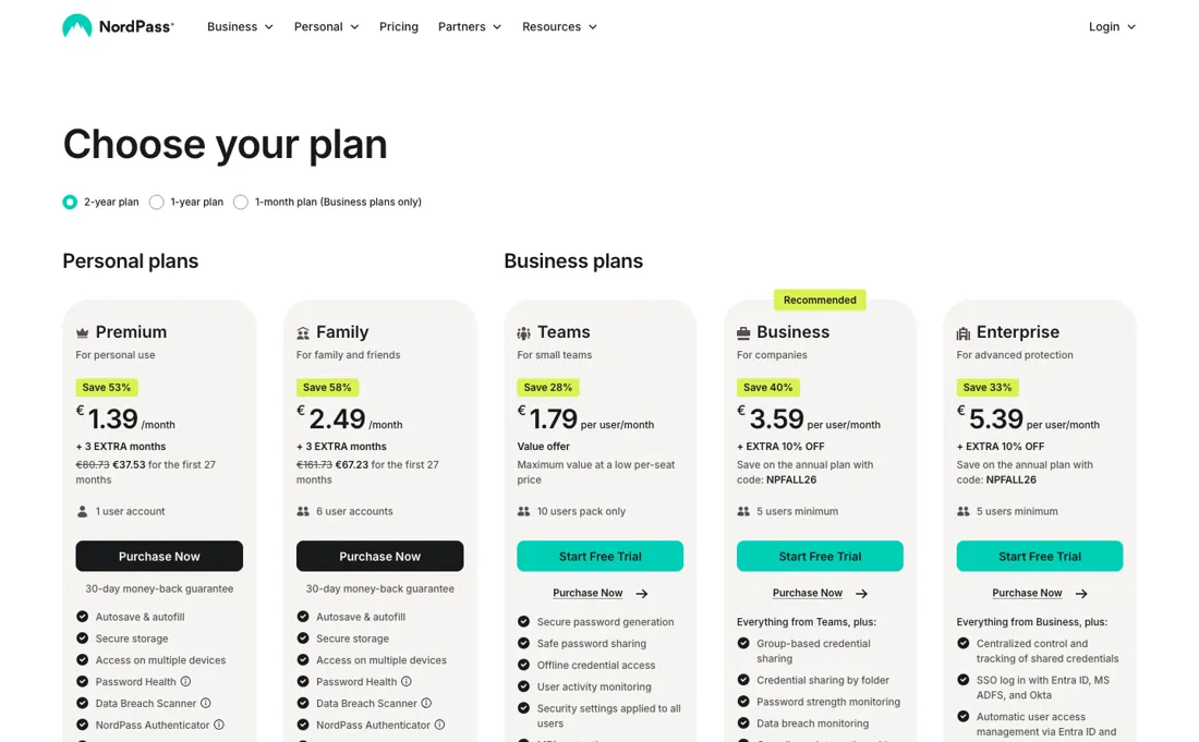 NordPass pricing page