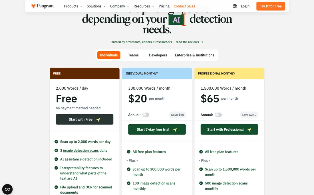 Pangram pricing page