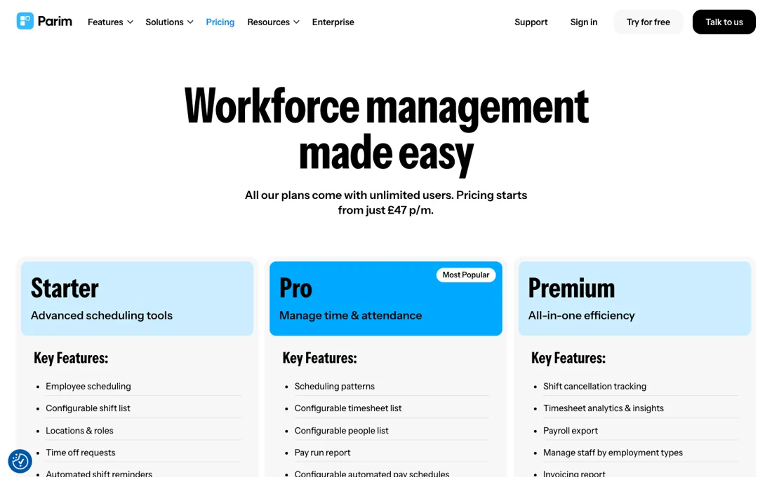 Parim pricing page