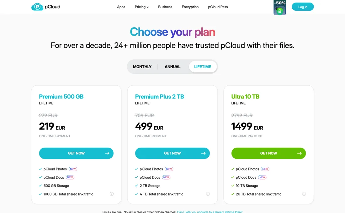 pCloud pricing page