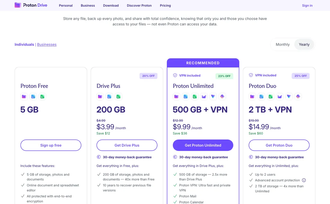 Proton Drive pricing page