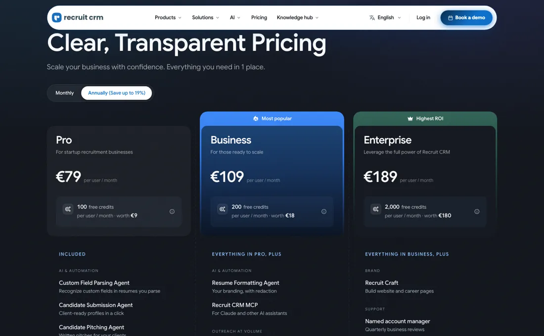 Recruit CRM pricing page