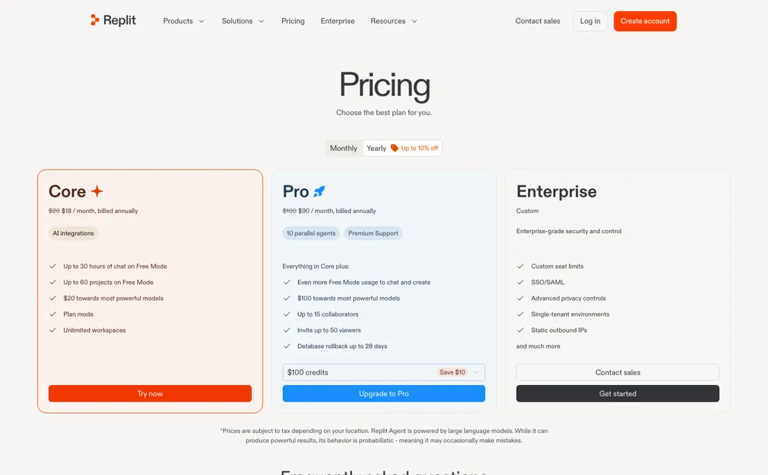 Replit pricing page