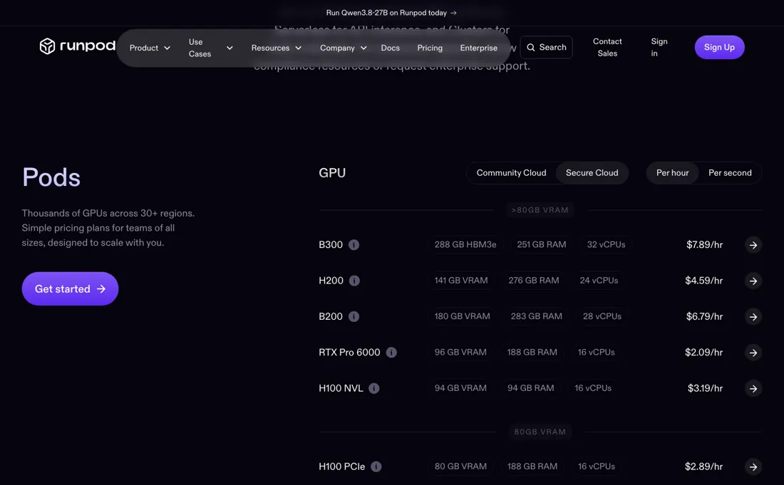 Runpod pricing page
