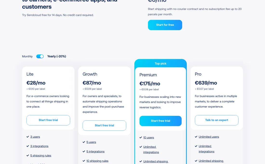 Sendcloud pricing page