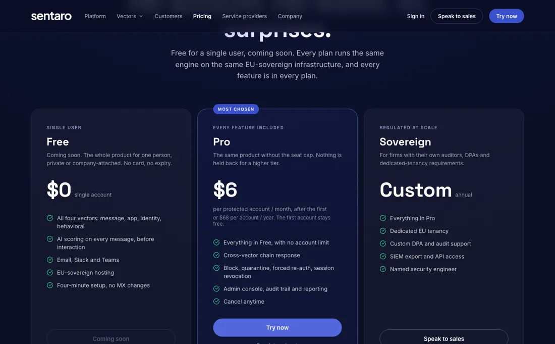 Sentaro pricing page