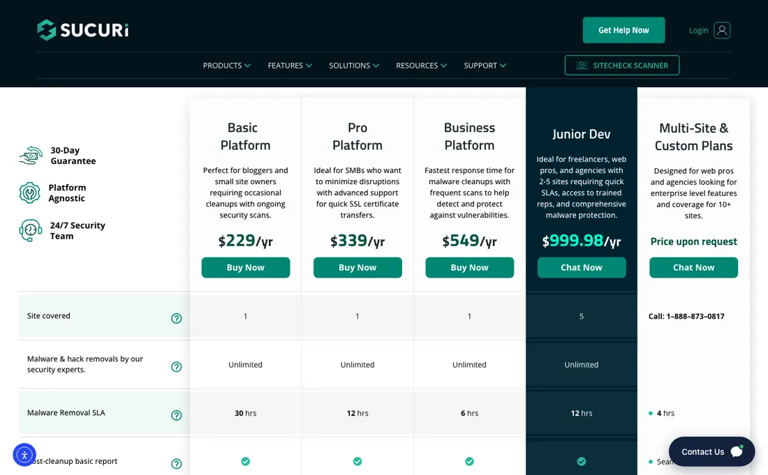 Sucuri pricing page